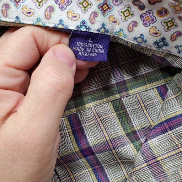 Alan Flusser Button Down Long Sleeve Plaid Shirt Brown Green Purple Mn Sz L - Picture 4 of 10